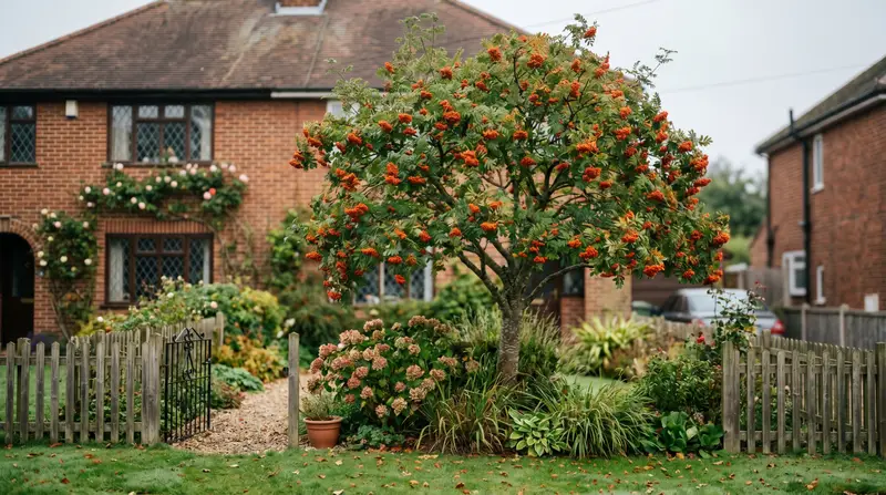 Small native rowan tree heavy with orange-red berries in a UK suburban front garden in early autumn