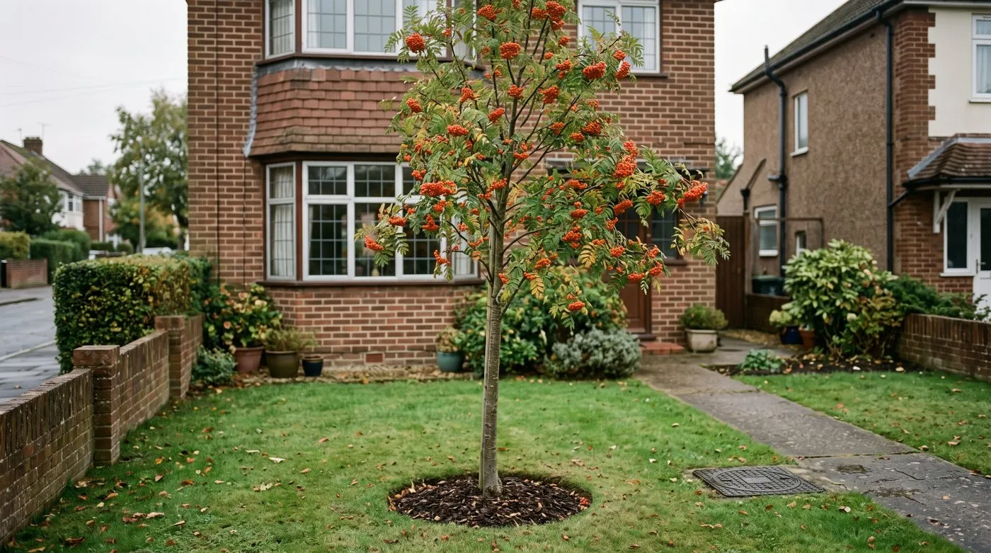 Small native rowan tree in berry planted about three metres from the front of a UK suburban semi-detached house