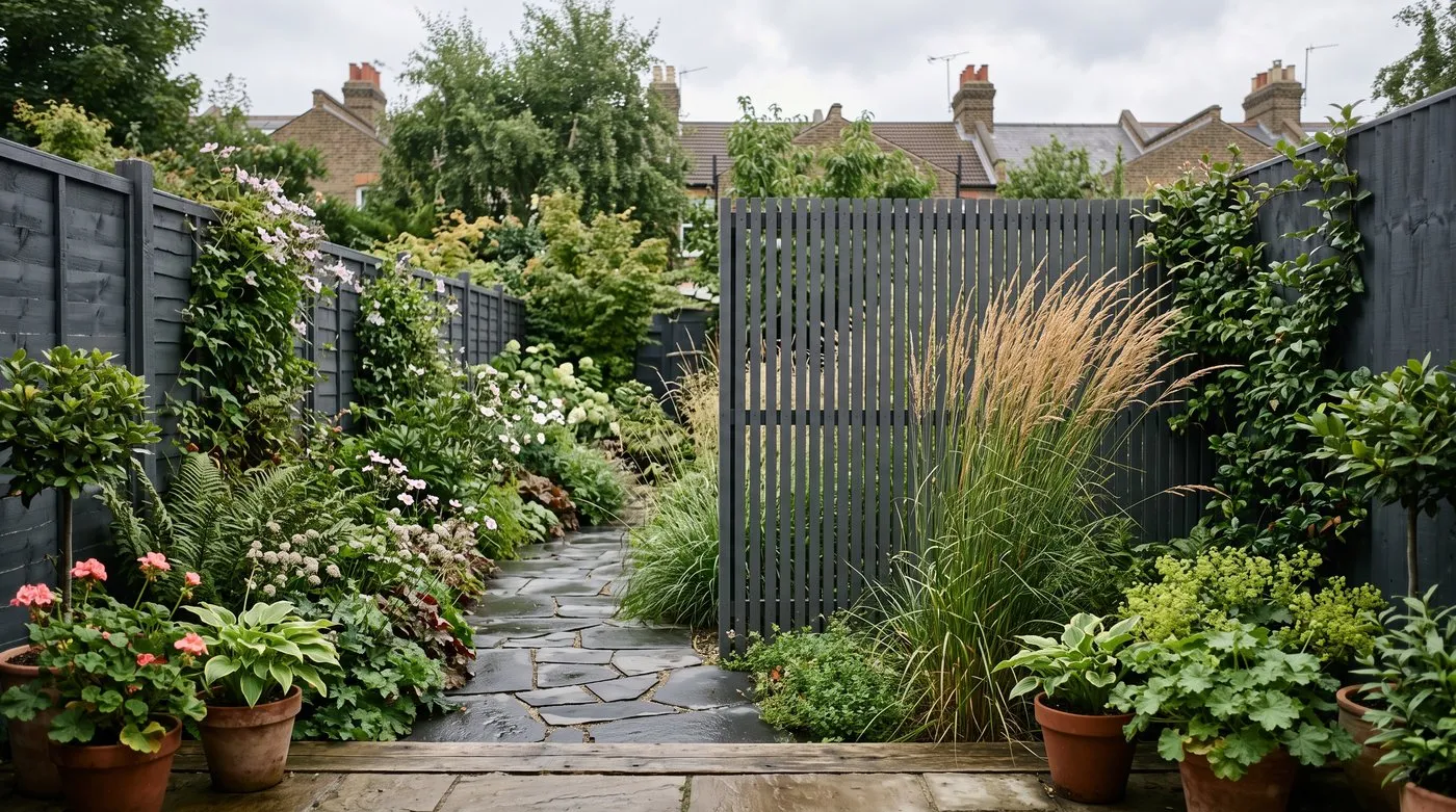 A slatted screen and tall grasses placed two-thirds down a small garden partially blocking the view to the back fence