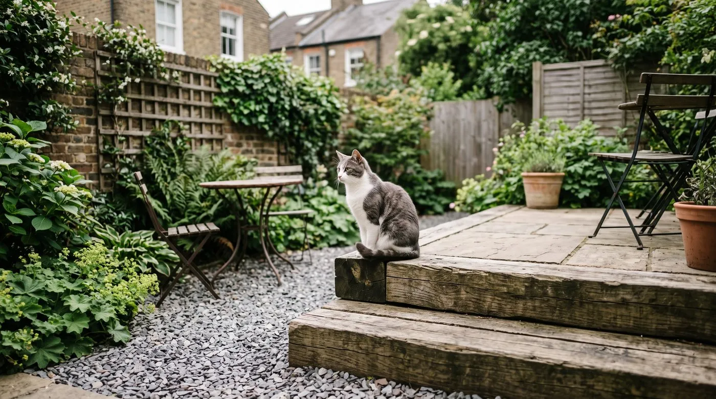 A cat sitting on a sleeper step between two levels in a small London terrace garden