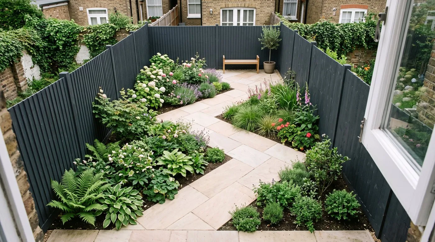 Small square garden with paving and beds all set on a 45-degree diagonal creating triangular corner planting