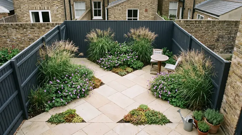 Small square garden design in a London terrace, paving laid on a 45-degree diagonal with layered planting hiding the