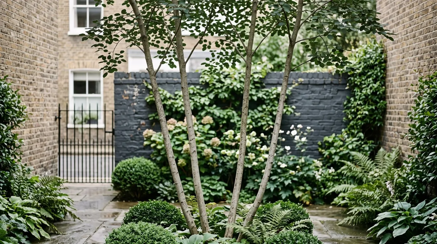 A multi-stem amelanchier in a small London courtyard garden with thin stems allowing a view through to planting behind