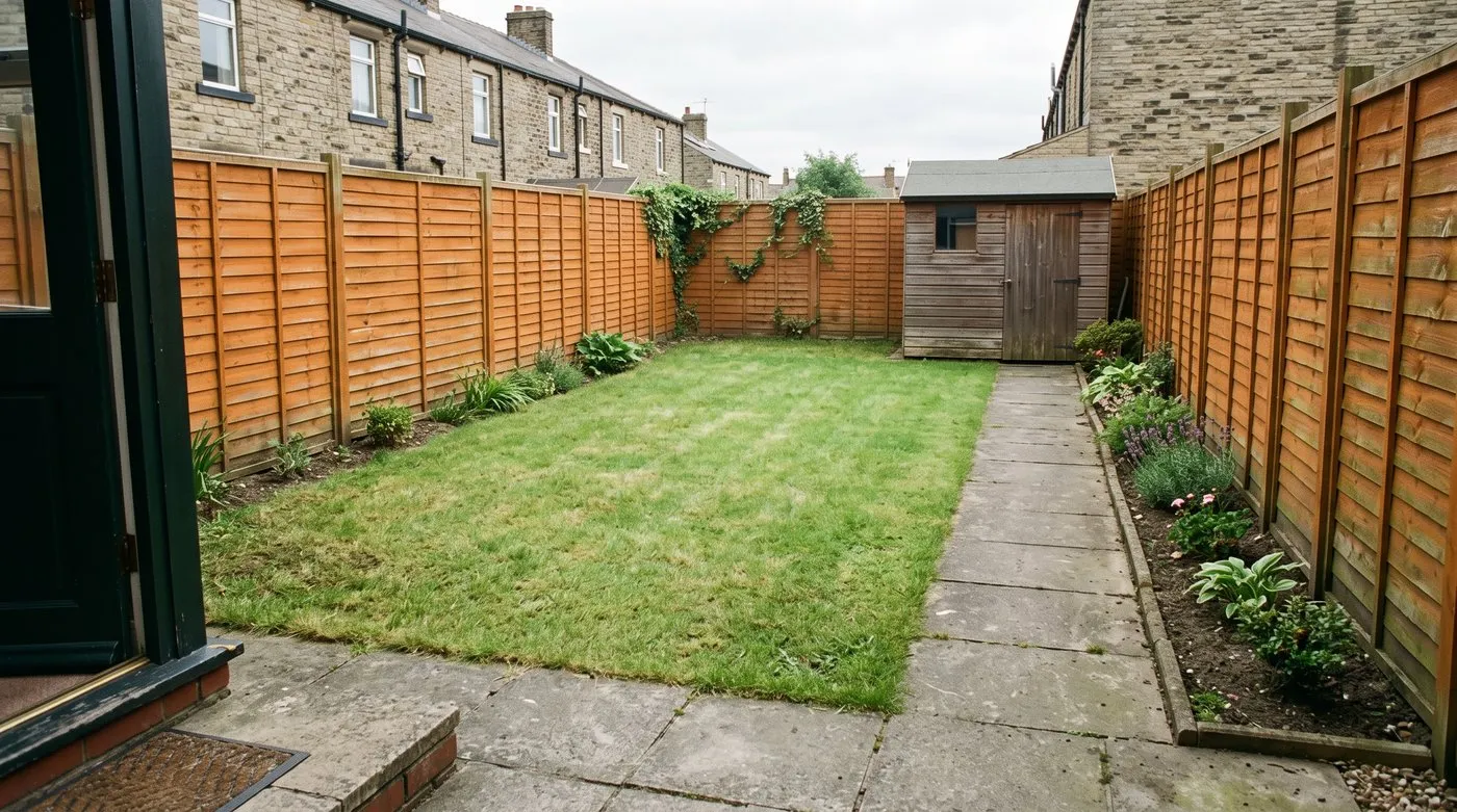 A conventional small square garden with a rectangular lawn, straight path and narrow perimeter borders in a UK terrace