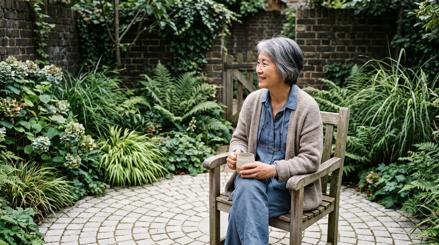 A British woman of East Asian heritage in her sixties sitting on a circular paved patio in a small London garden