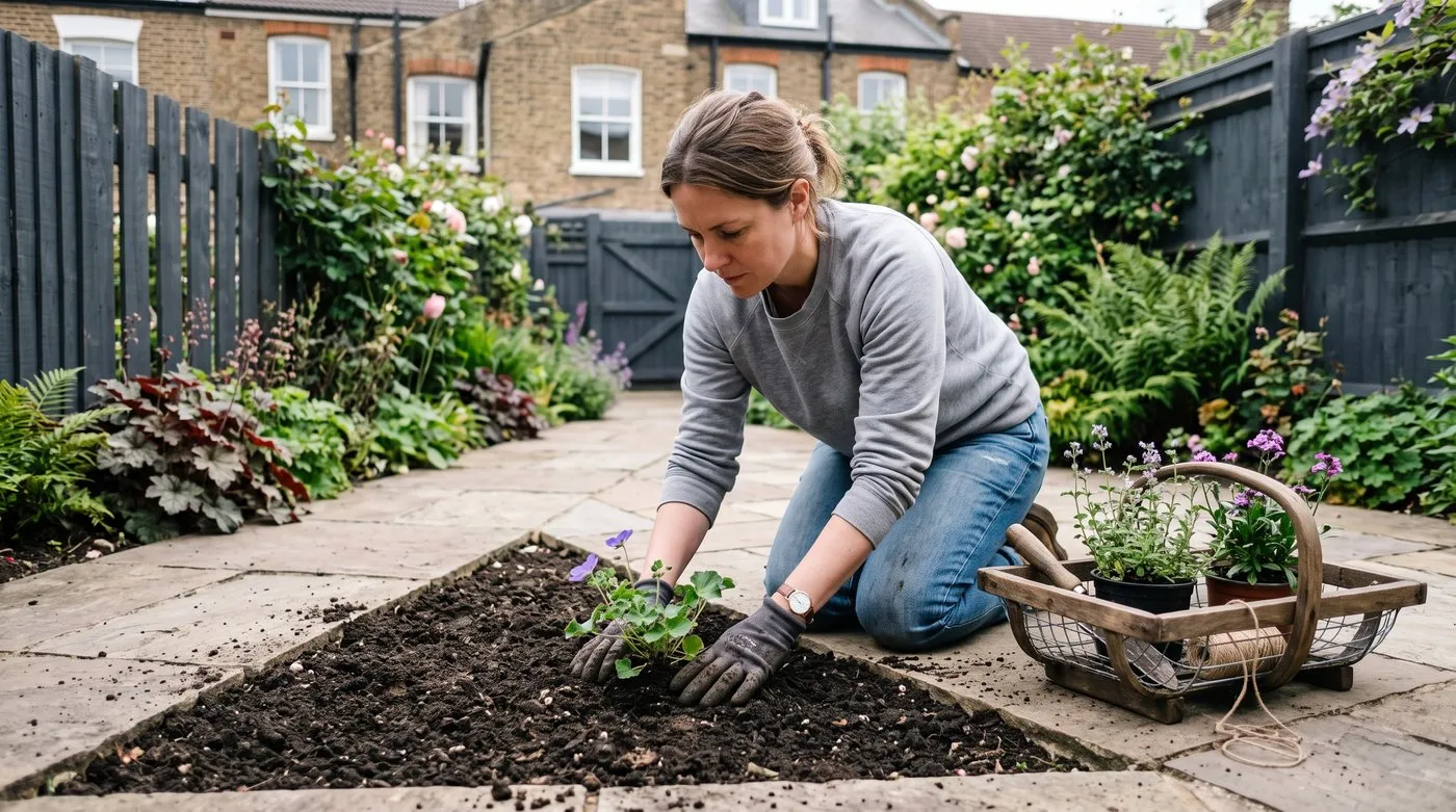 A white British woman in her thirties planting in a small diagonal-layout London terrace garden