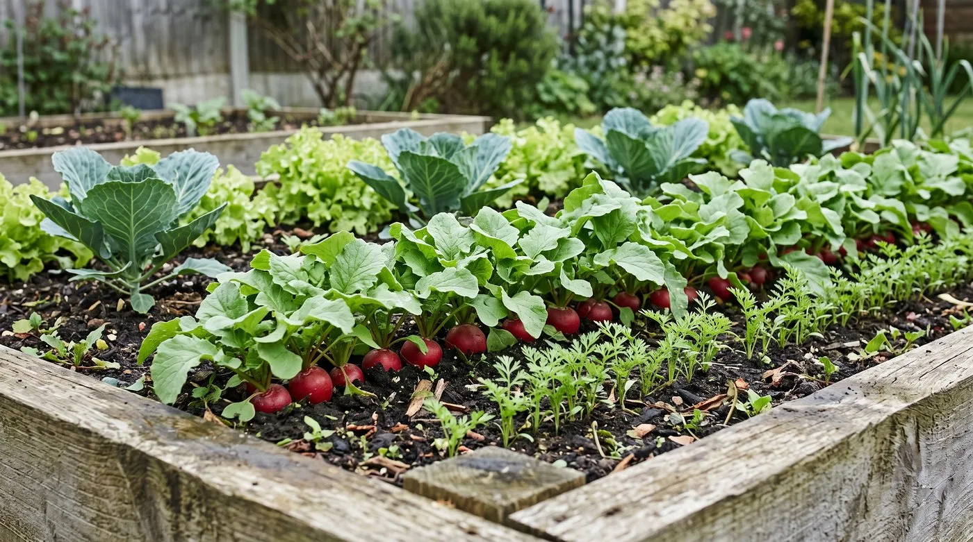 Radishes growing between rows of young parsnips and lettuce between young cabbages in a raised bed