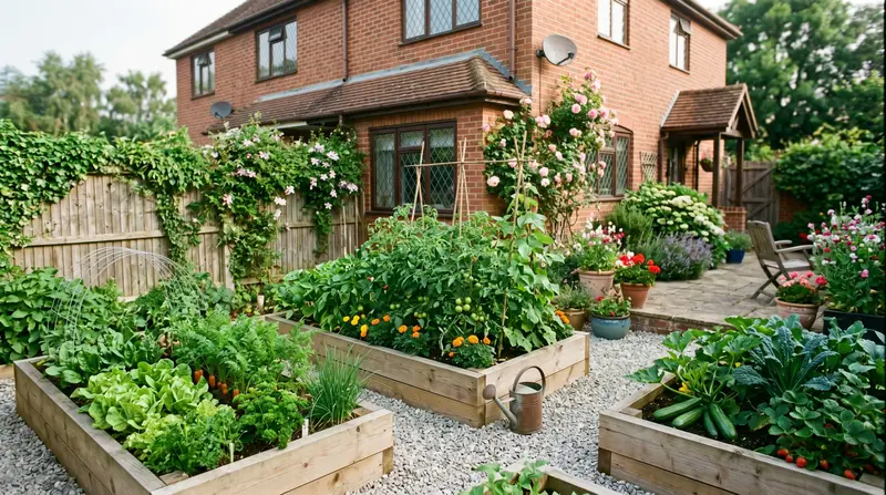 Small vegetable garden with three timber raised beds and gravel paths in a UK suburban back garden