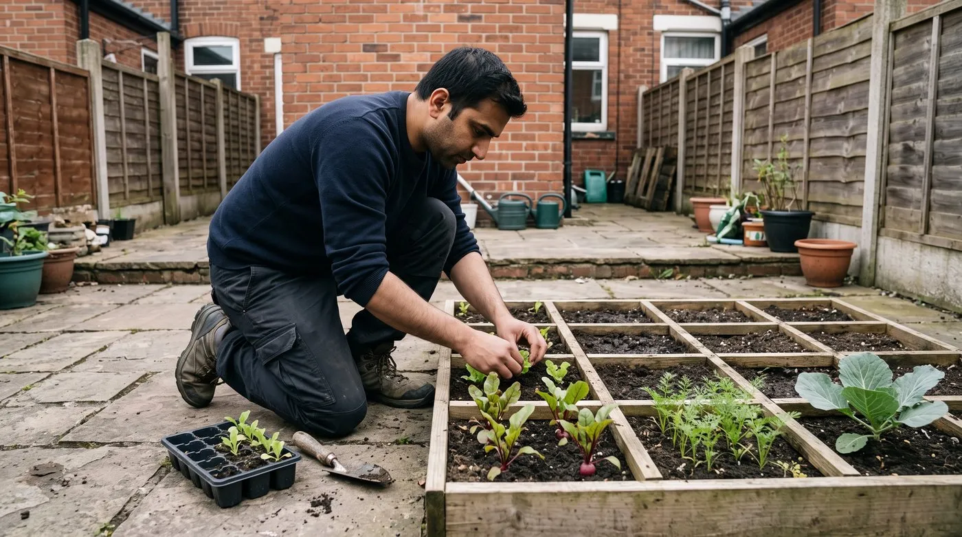 Gardener planting lettuce into a raised bed divided into a square-foot grid with timber battens