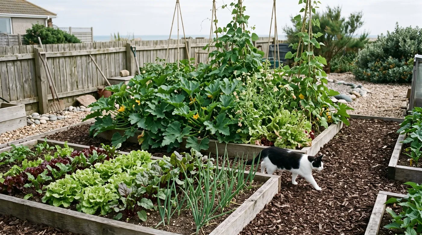 Neat, well-spaced vegetable bed beside an overcrowded, tangled bed with a cat on the path between