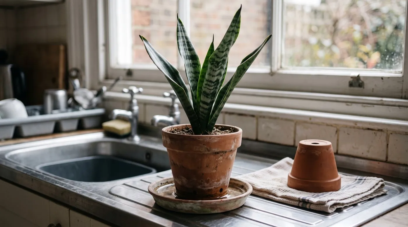 Snake plant in a terracotta pot standing in a shallow tray of water to drink from the bottom