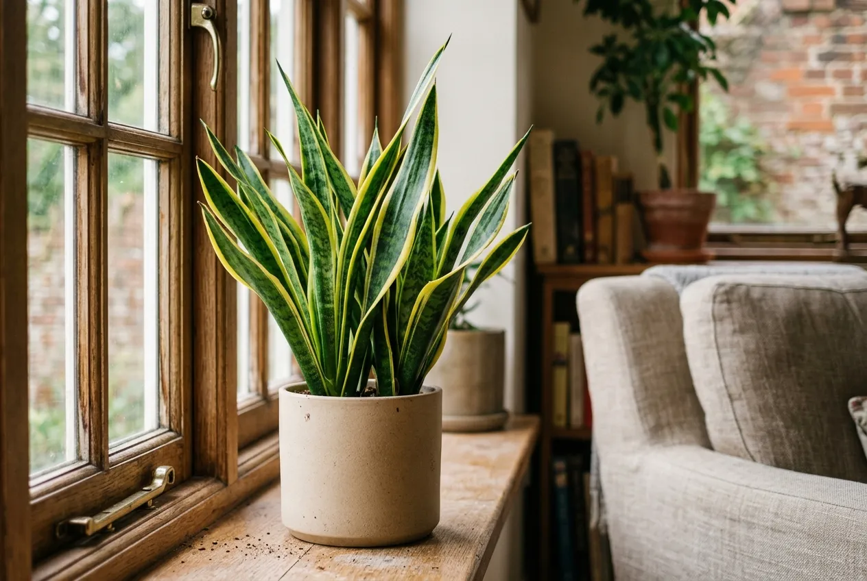 A firm upright snake plant with stiff variegated sword leaves after recovery