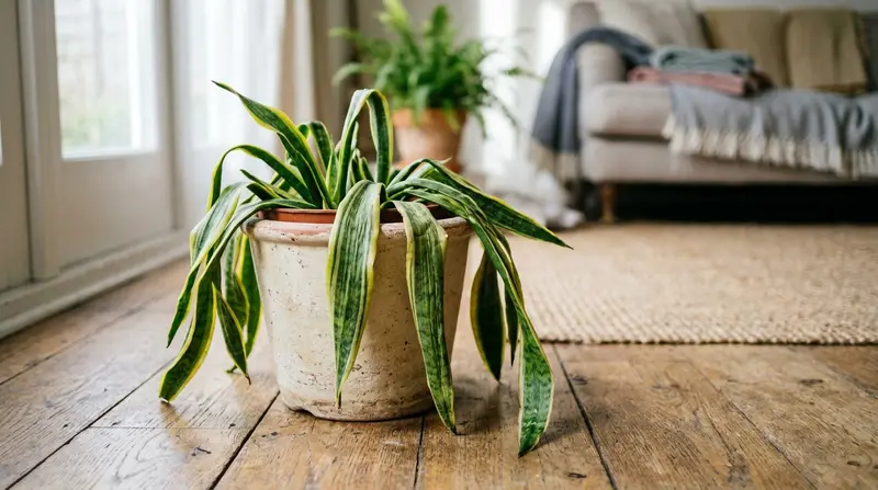 Snake plant drooping with leaves splaying outward and flopping over the pot rim in a UK living room
