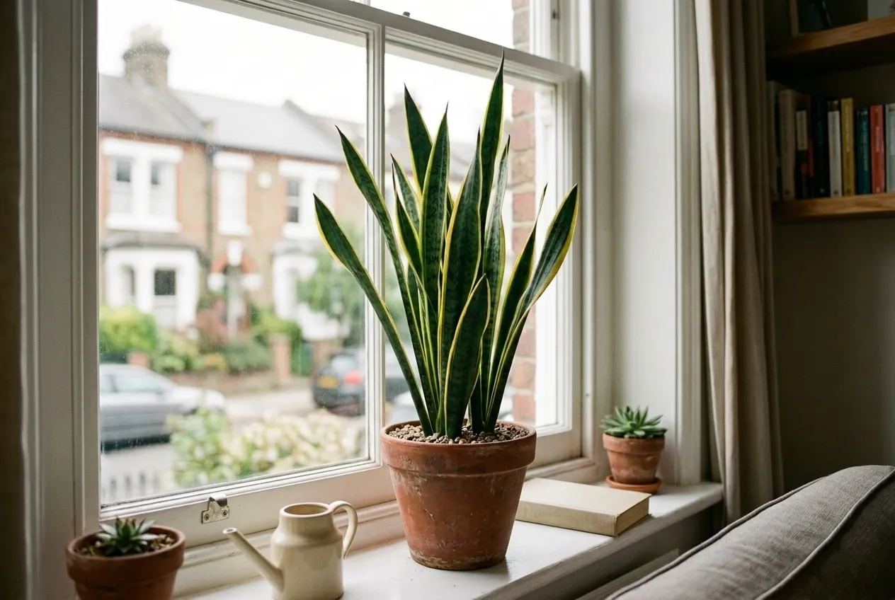 A healthy upright snake plant in bright light beside a window