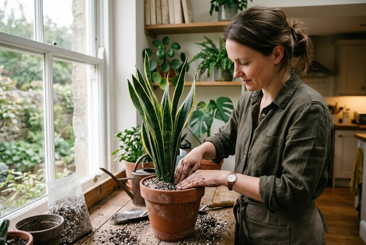 A person repotting a snake plant into gritty free-draining cactus compost