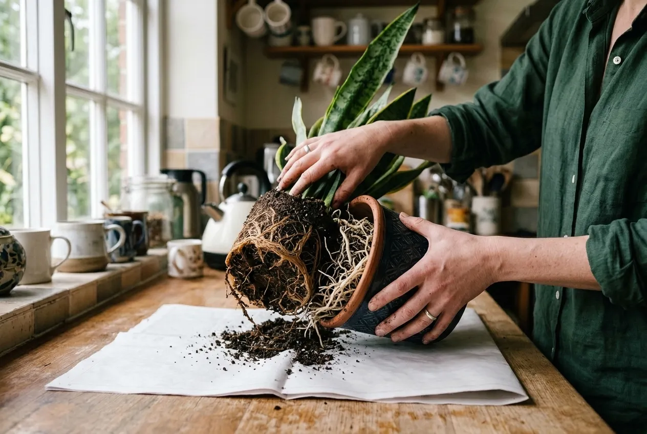 A person tipping a snake plant out of its pot to show brown soft rotted roots beside firm pale roots