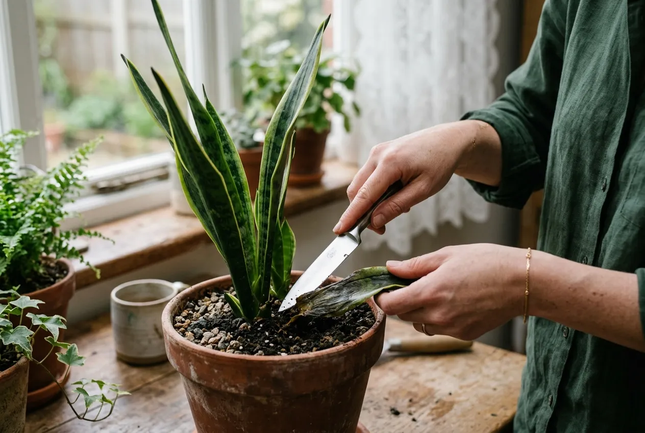 Hands using a clean knife to cut away a rotted snake plant leaf at the base
