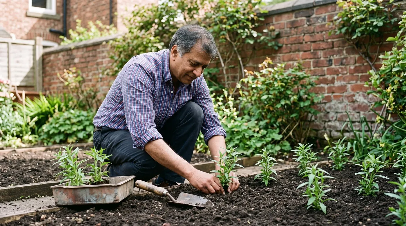 Gardener planting out snapdragon seedlings 25cm apart in a sunny terraced garden border