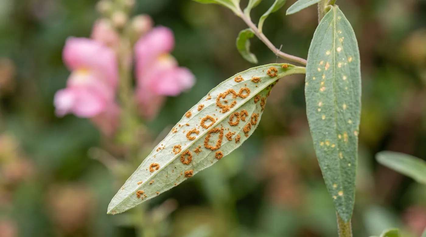 Snapdragon leaf underside covered in raised orange-brown rust pustules