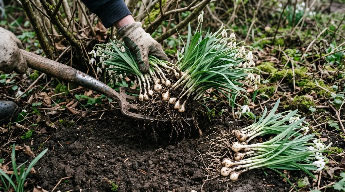 Snowdrop clump lifted with a fork and split into small groups of bulbs for replanting