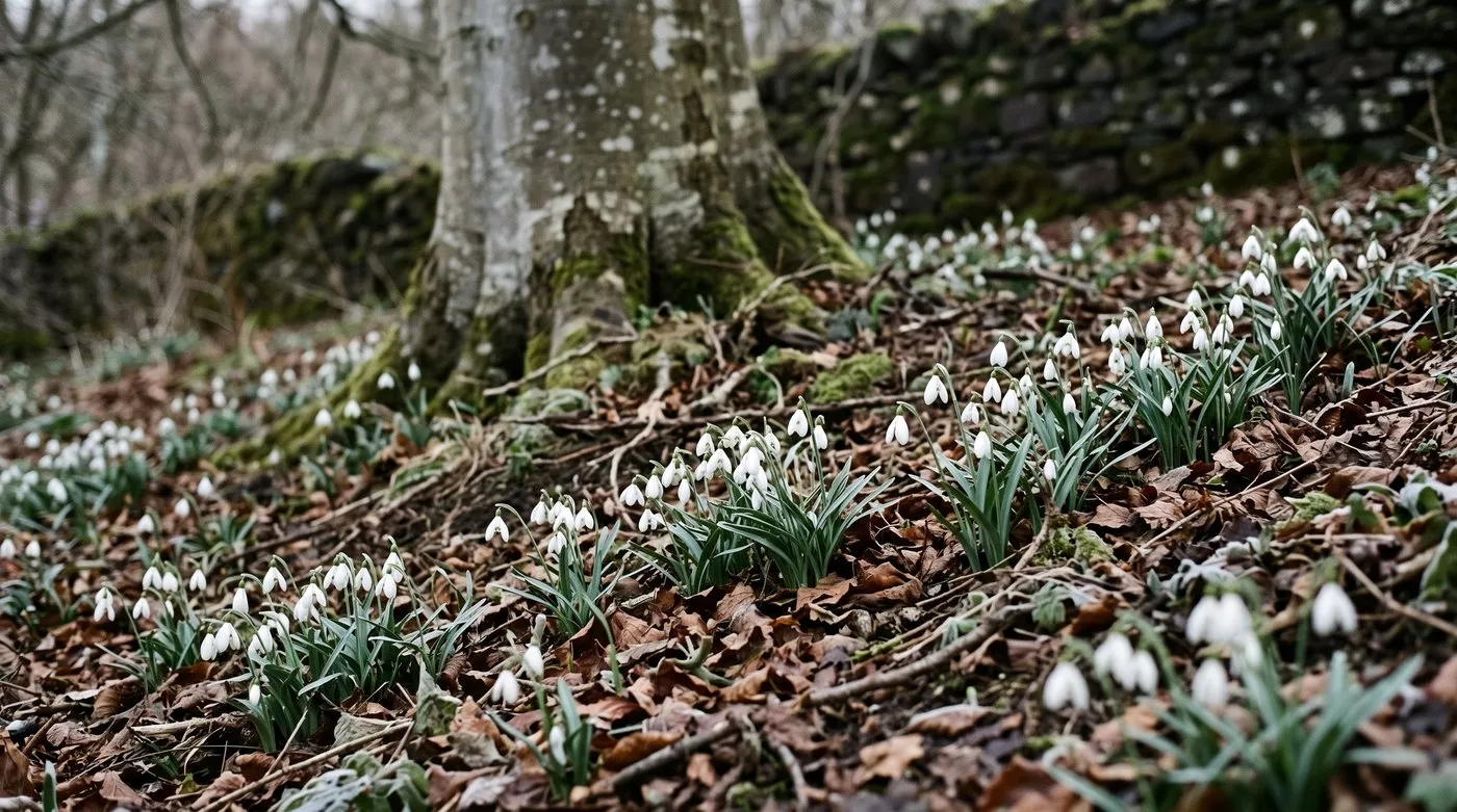 Drift of common snowdrops in leaf litter under a bare beech tree in a Scottish garden