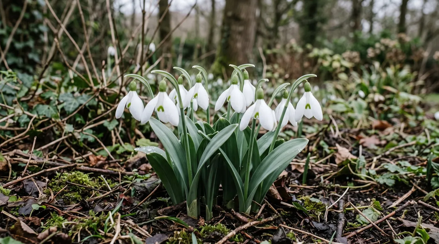 Giant snowdrops with broad grey-green leaves and large white flowers in a winter border