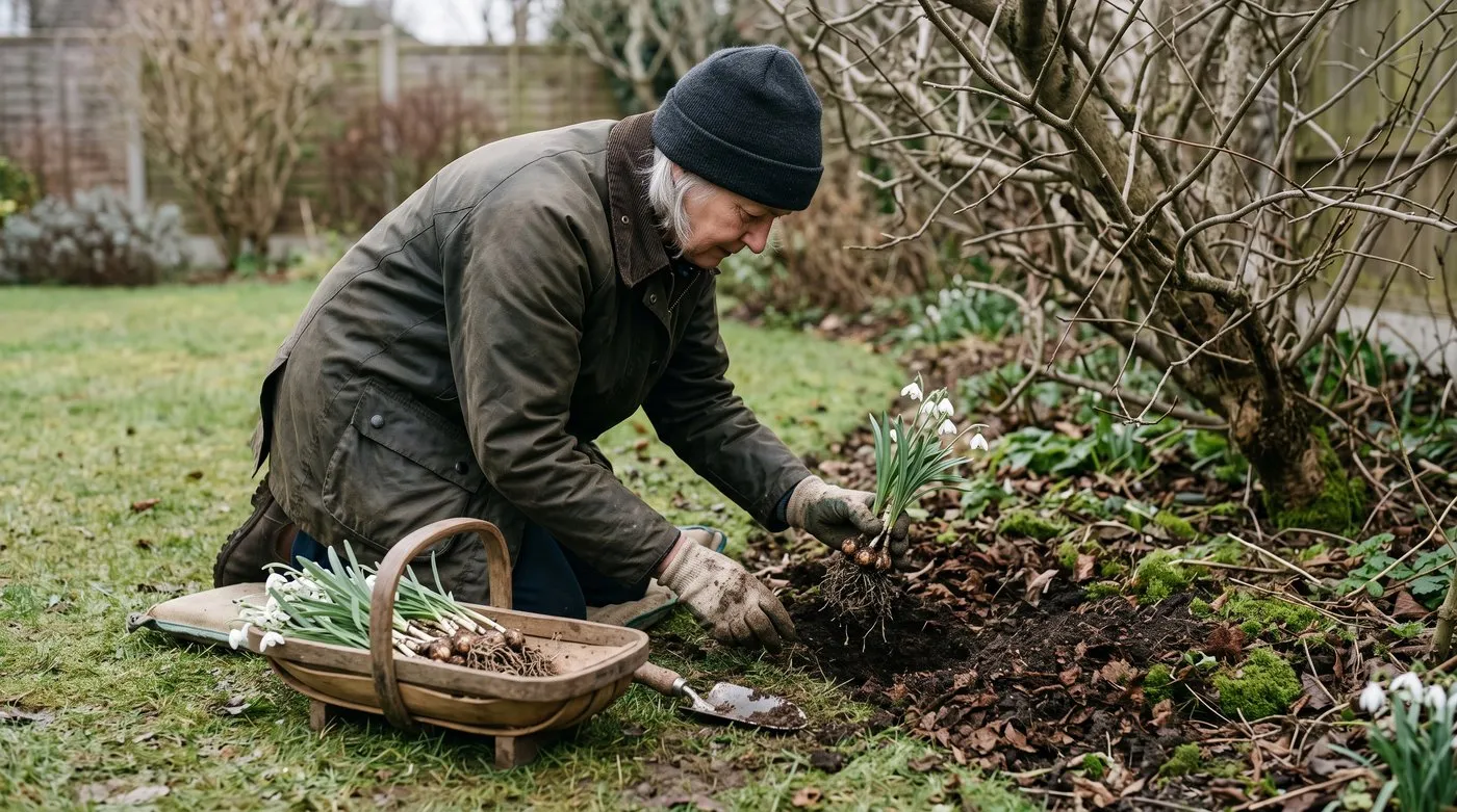 Gloved gardener planting a clump of snowdrops in the green into leaf mould under a tree