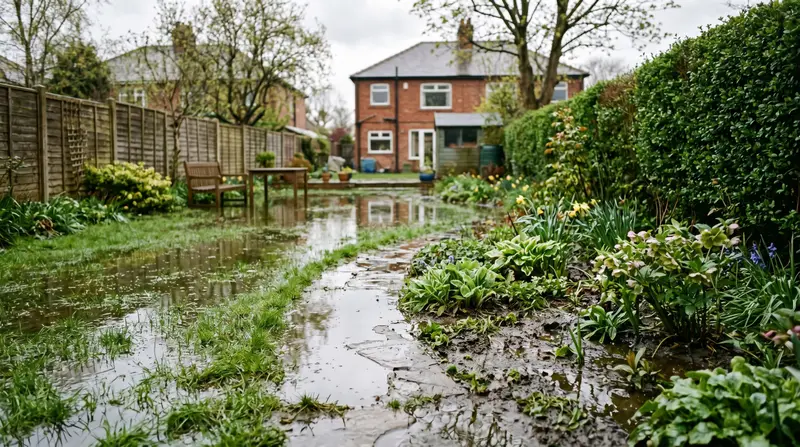 A UK back garden showing standing water across a waterlogged lawn after heavy spring rainfall with flowerbeds visibly