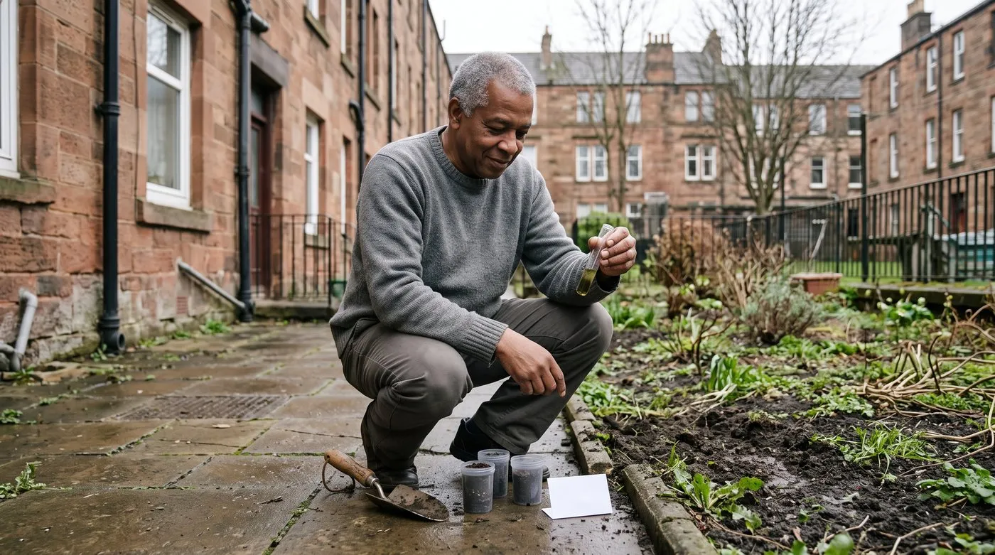 Gardener shaking a soil pH test tube beside a dug border with small pots of soil samples