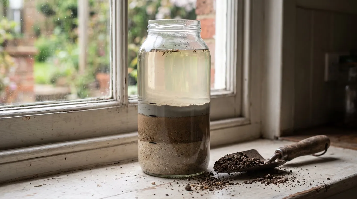 A soil jar test with settled layers of sand, silt and clay in a glass jar of water
