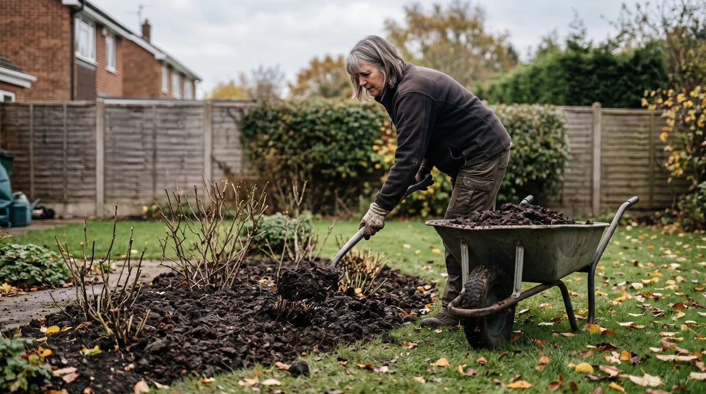 Woman spreading well-rotted manure as an autumn mulch over a heavy clay border