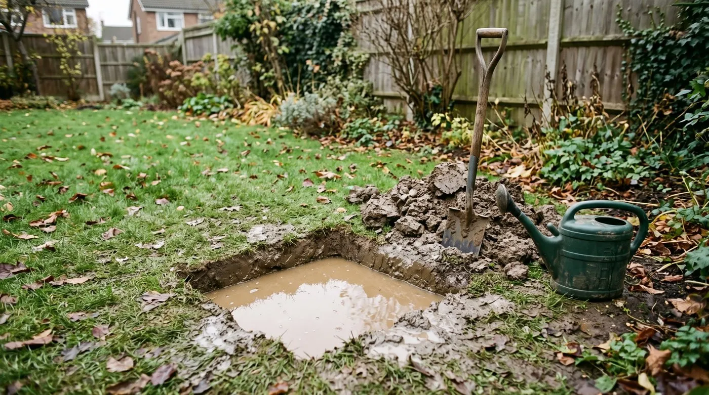 Drainage test hole in a garden border filled with water to time how quickly the soil drains