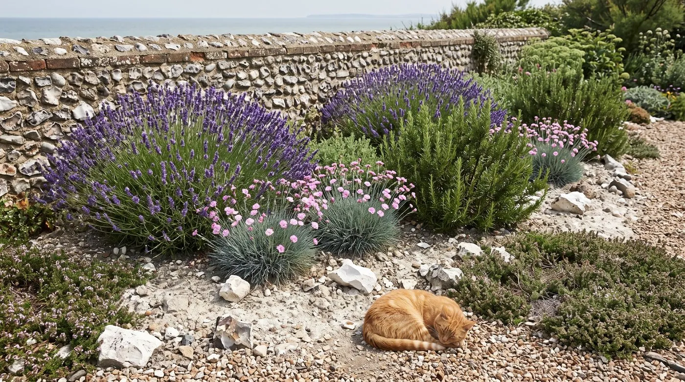 Lavender, pinks, rosemary and thyme growing in a gravel border on white chalky soil by a flint wall