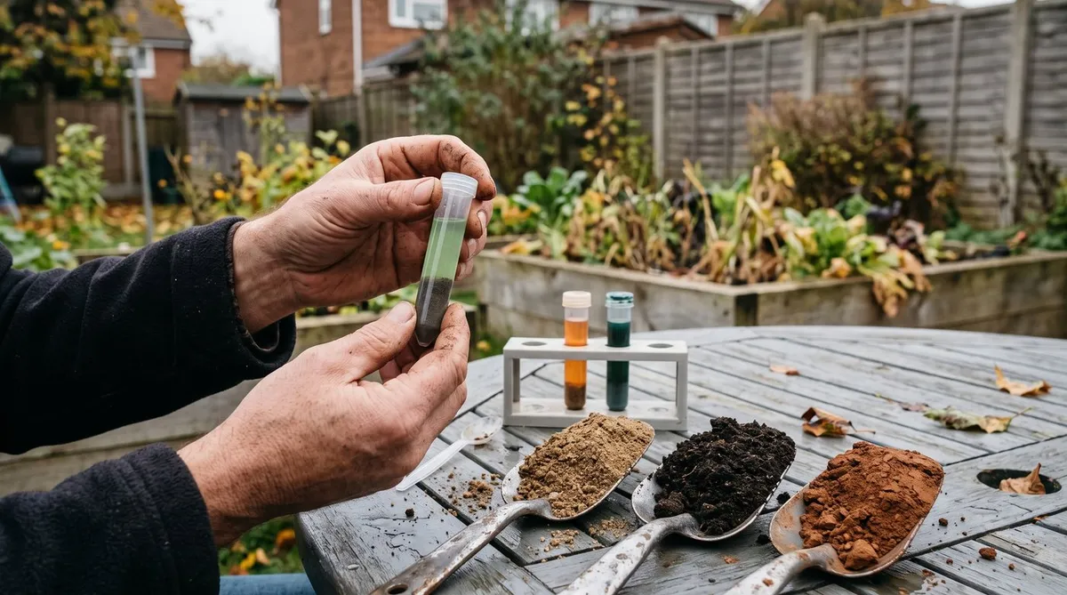 Hands holding a soil pH test tube beside other tubes showing different colours and soil samples on a garden table