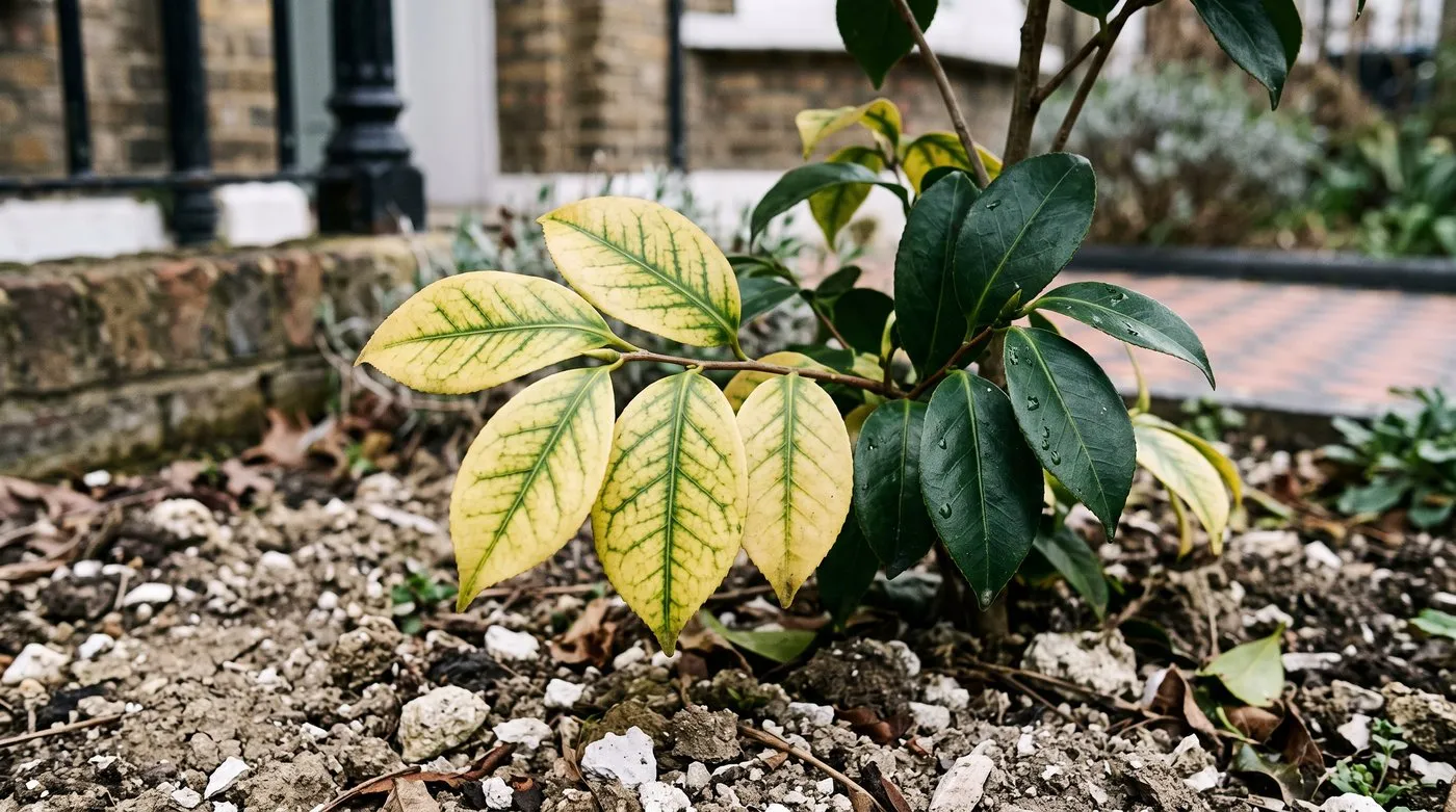 Camellia leaves turning yellow between dark green veins, a sign the soil is too alkaline for it