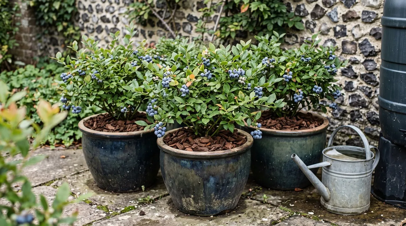 Blueberry bushes in pots of ericaceous compost with pine bark mulch on a chalky-area patio