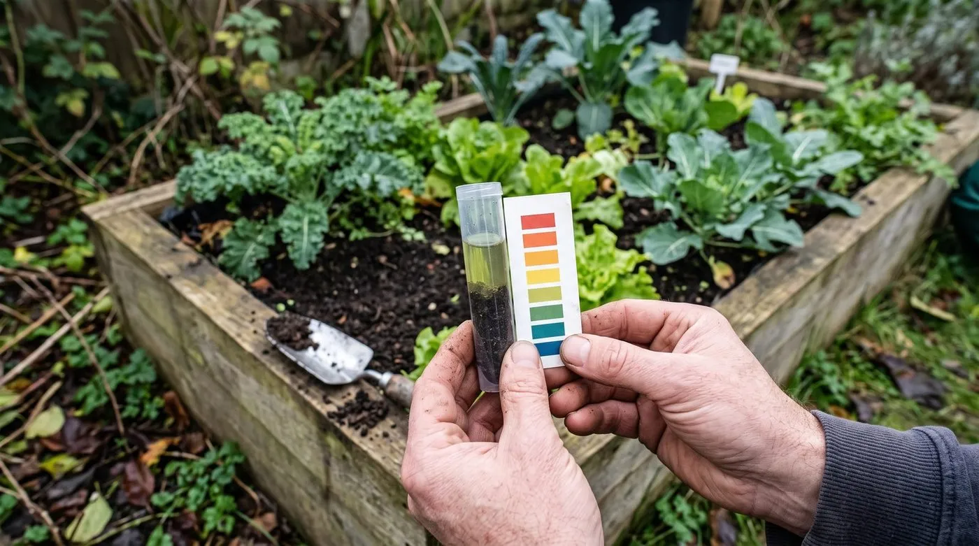 A home soil pH test kit beside a vegetable bed
