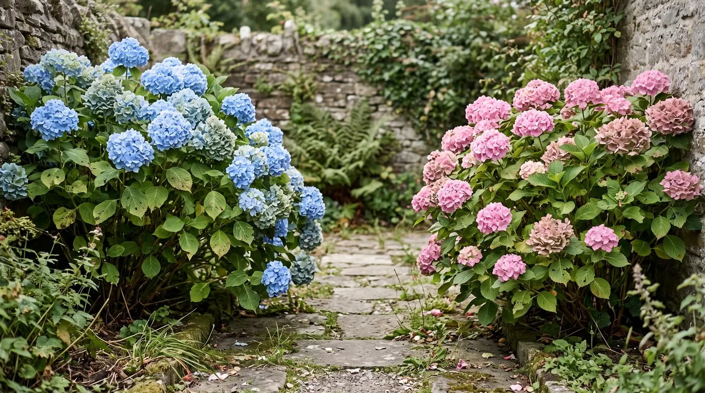 Blue and pink mophead hydrangeas side by side, showing how soil pH changes flower colour