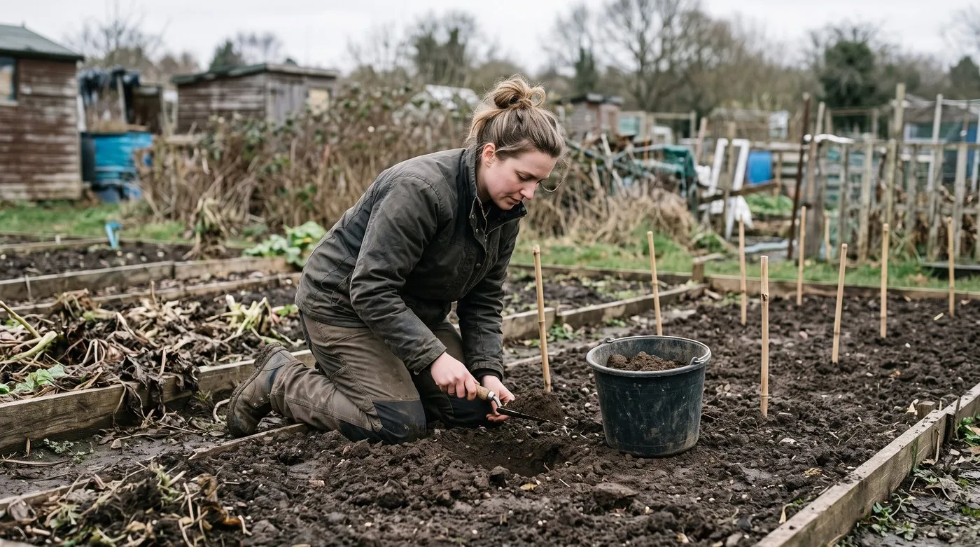 Woman taking soil samples from a vegetable bed with a trowel and mixing them in a bucket