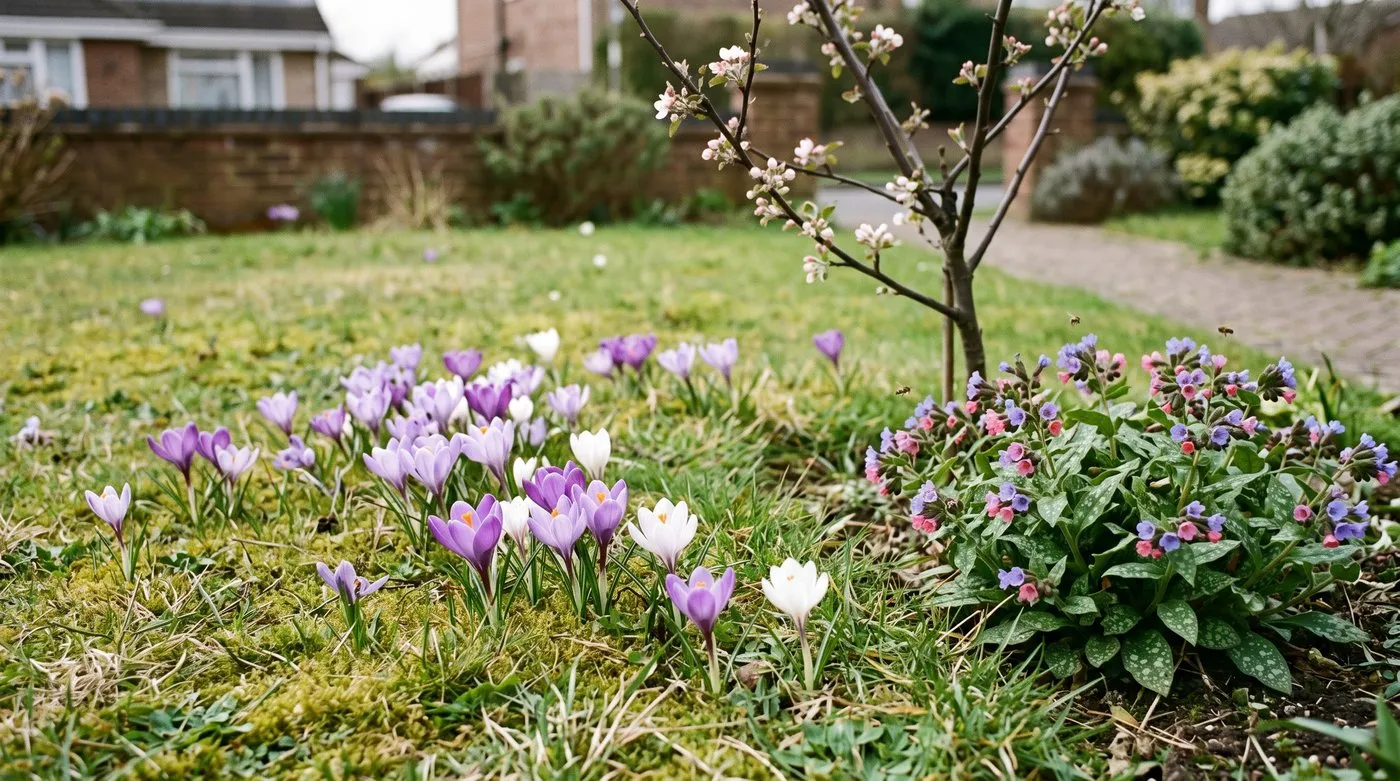 Drift of crocuses in a spring lawn with pulmonaria and apple blossom for early solitary bees