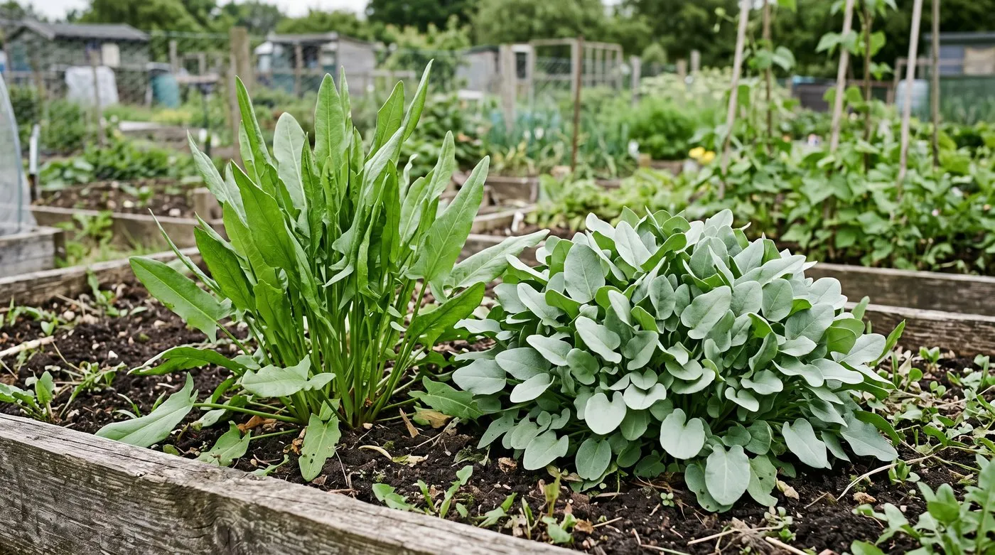 Tall arrow-shaped common sorrel leaves beside a low mound of small shield-shaped French sorrel