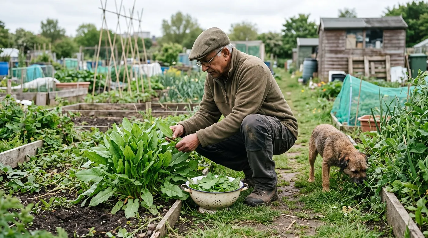 Allotment gardener picking outer sorrel leaves into a colander while a terrier explores the path