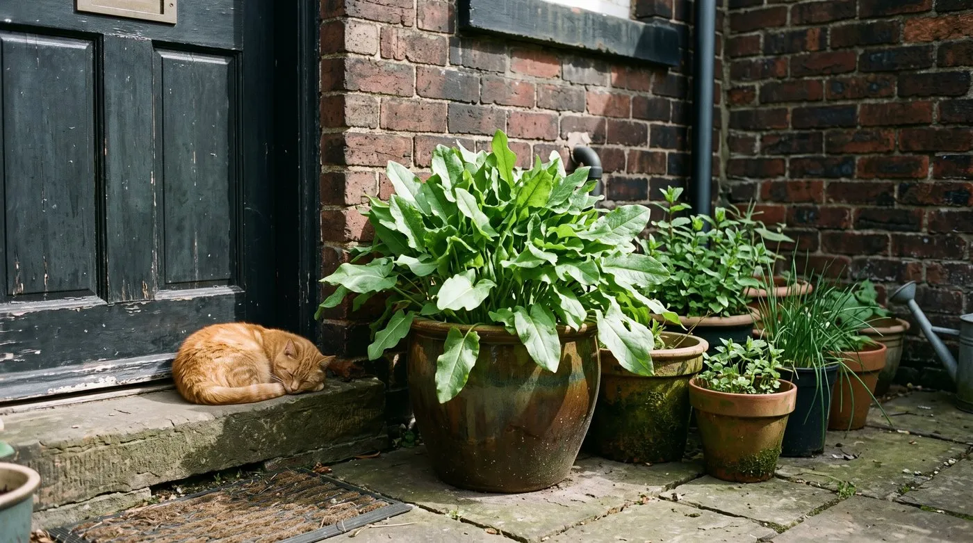 Large pot of leafy common sorrel by a back door in partial shade, with a ginger cat on the step