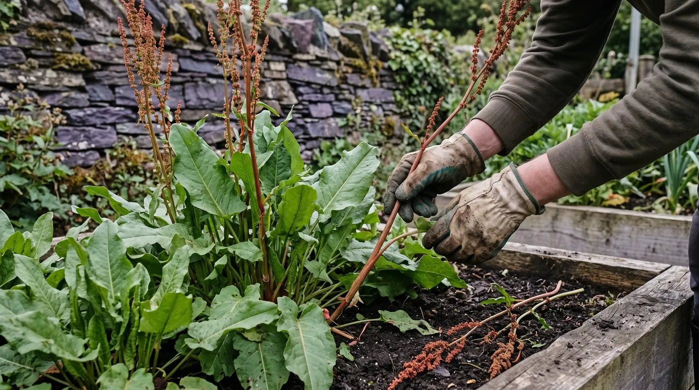 Gloved hands snapping a tall reddish flower stem off a clump of common sorrel in early summer