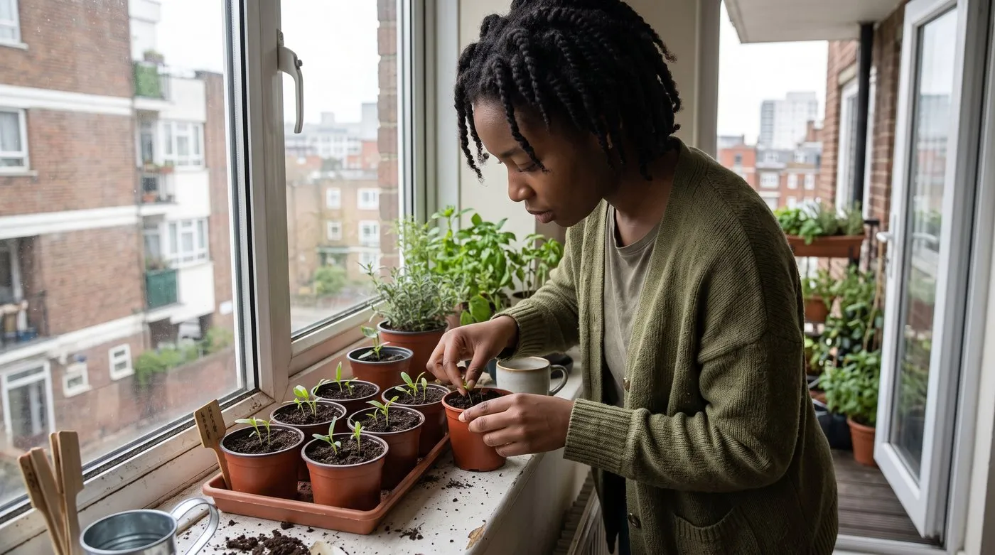 Gardener thinning sorrel seedlings in small pots on a sunny windowsill