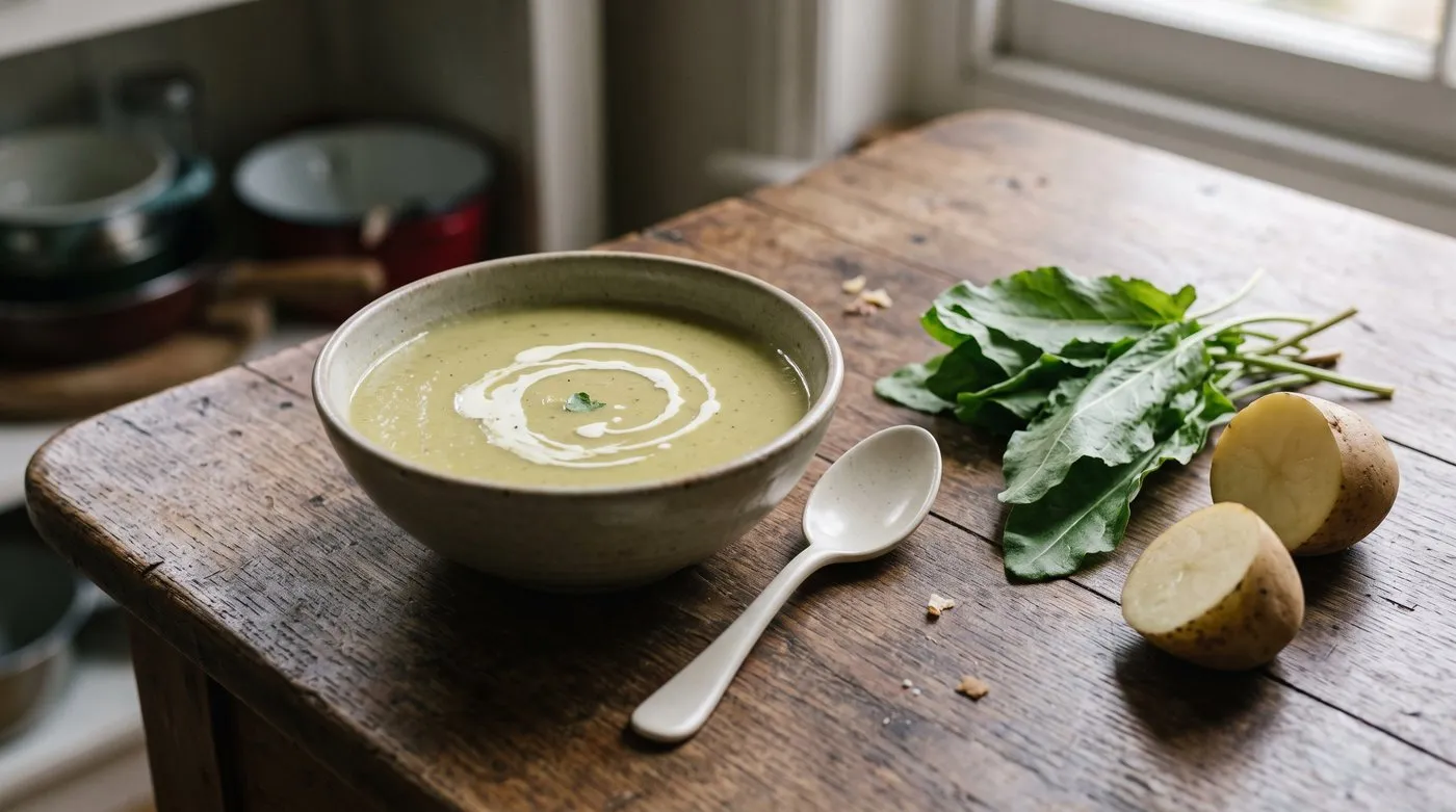Bowl of creamy sorrel soup beside a bunch of fresh sorrel leaves on a kitchen table