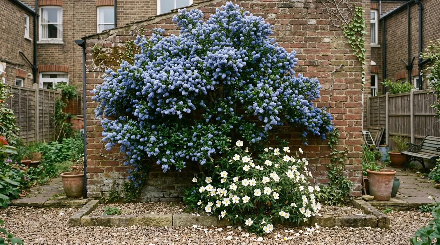 Ceanothus covered in blue flowers on a south-facing wall with a white cistus at its foot