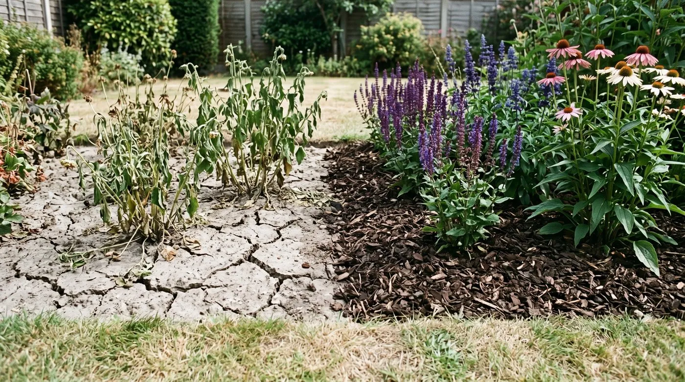 Baked, cracked clay soil next to a mulched area of the same sunny border in summer