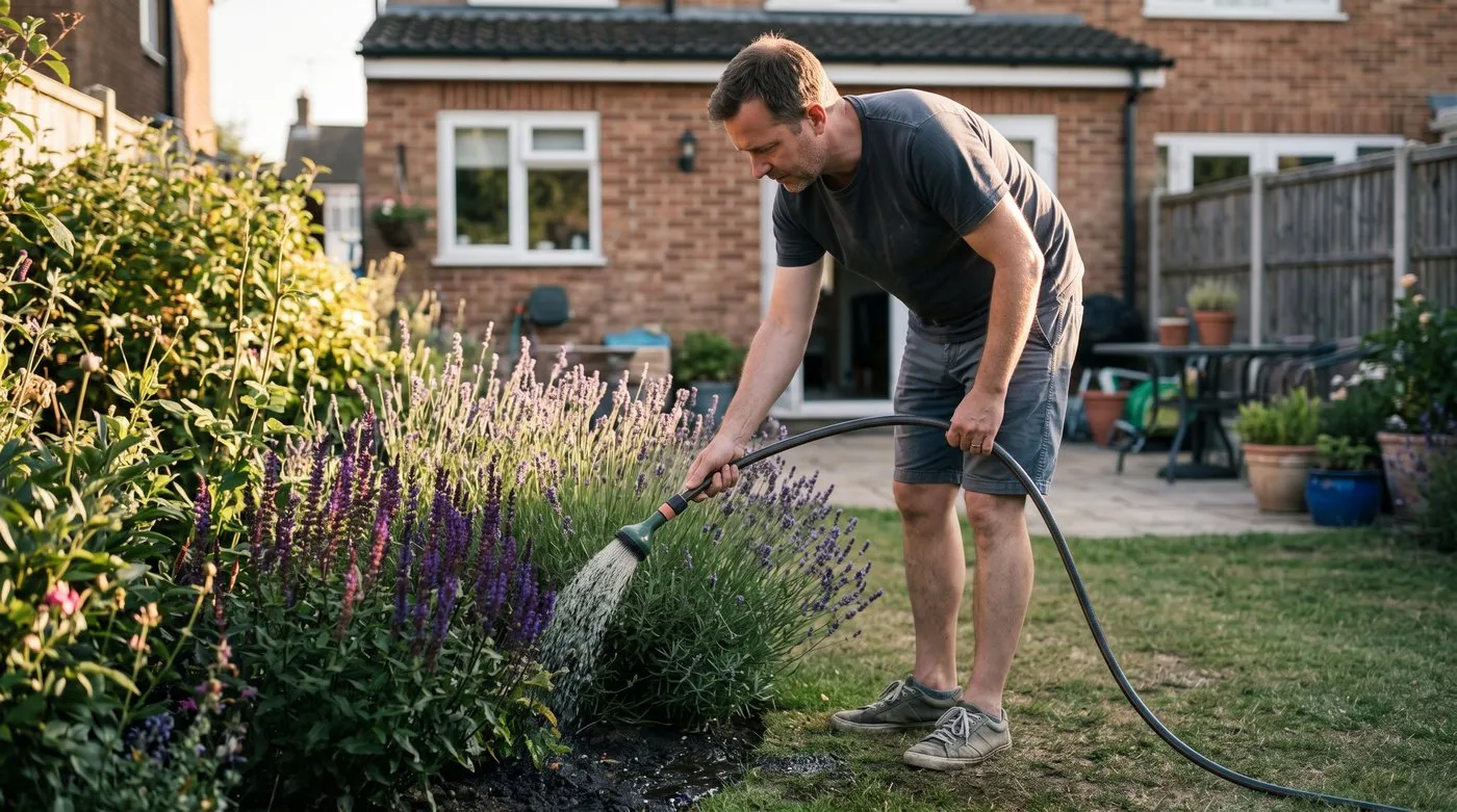 Man giving a sunny border a deep evening soak at the base of the plants