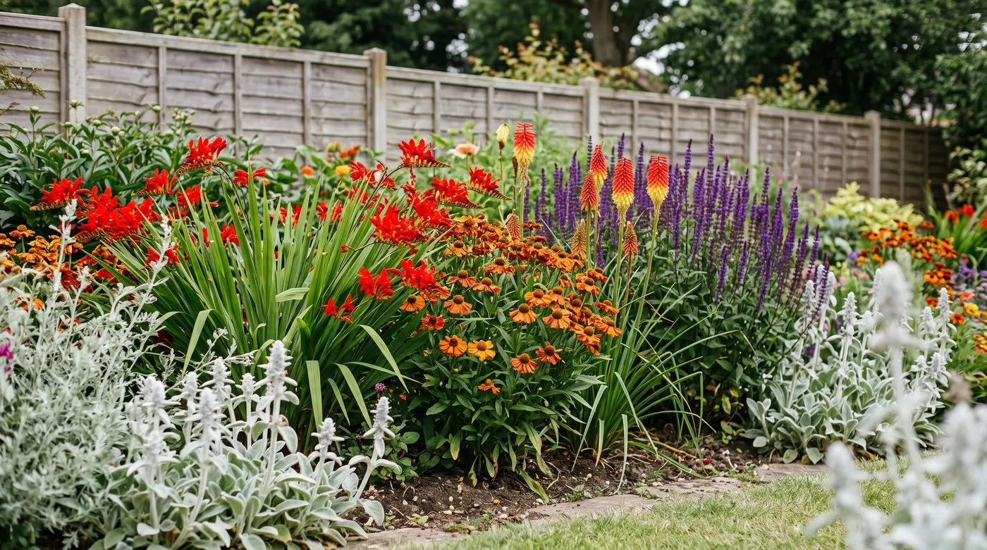 Sunny border of red crocosmia, orange heleniums and kniphofia with purple salvia and silver leaves